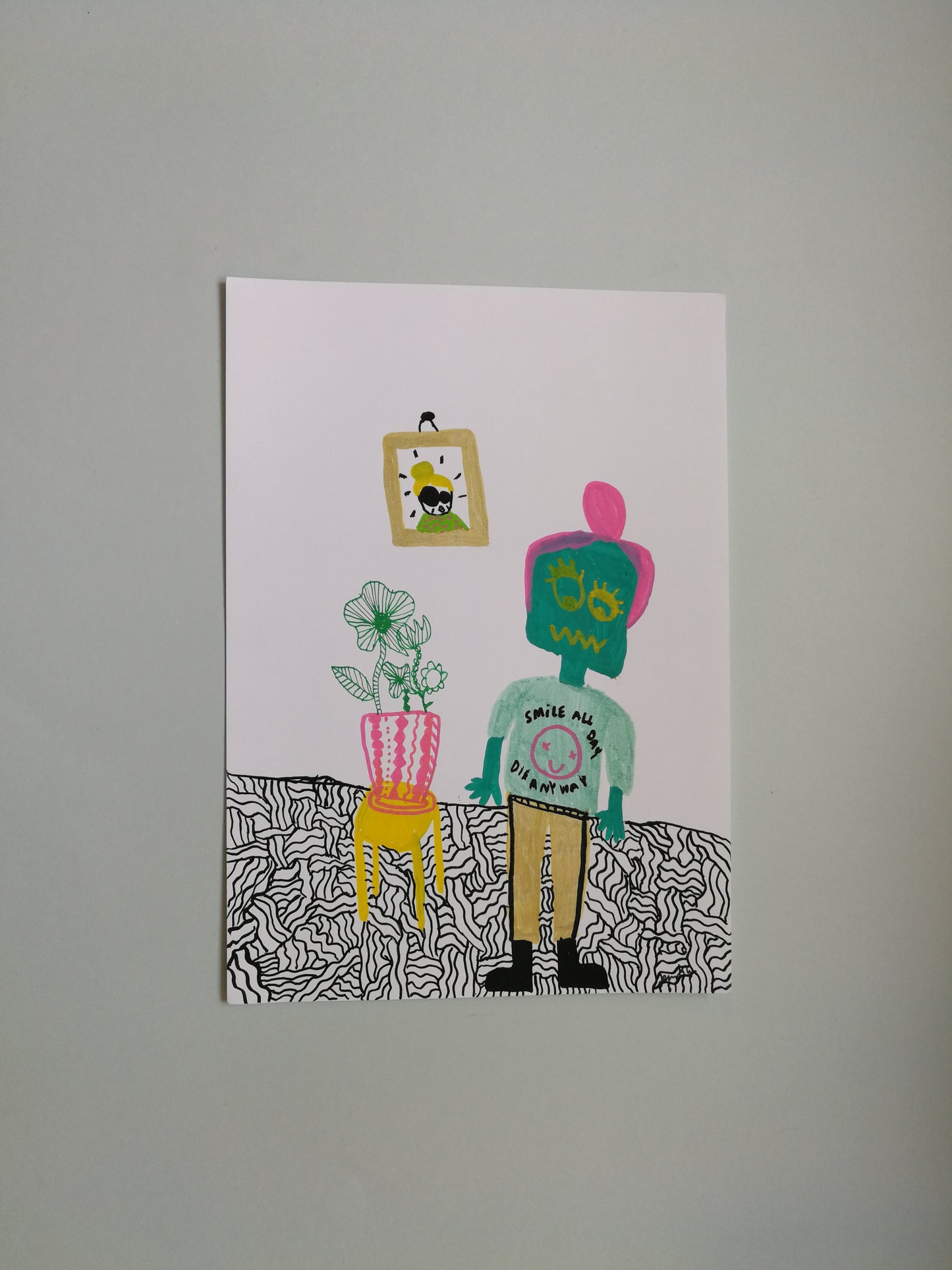 Fyndhörnan! Smile all day, die anyway. Handritad originalteckning, A4