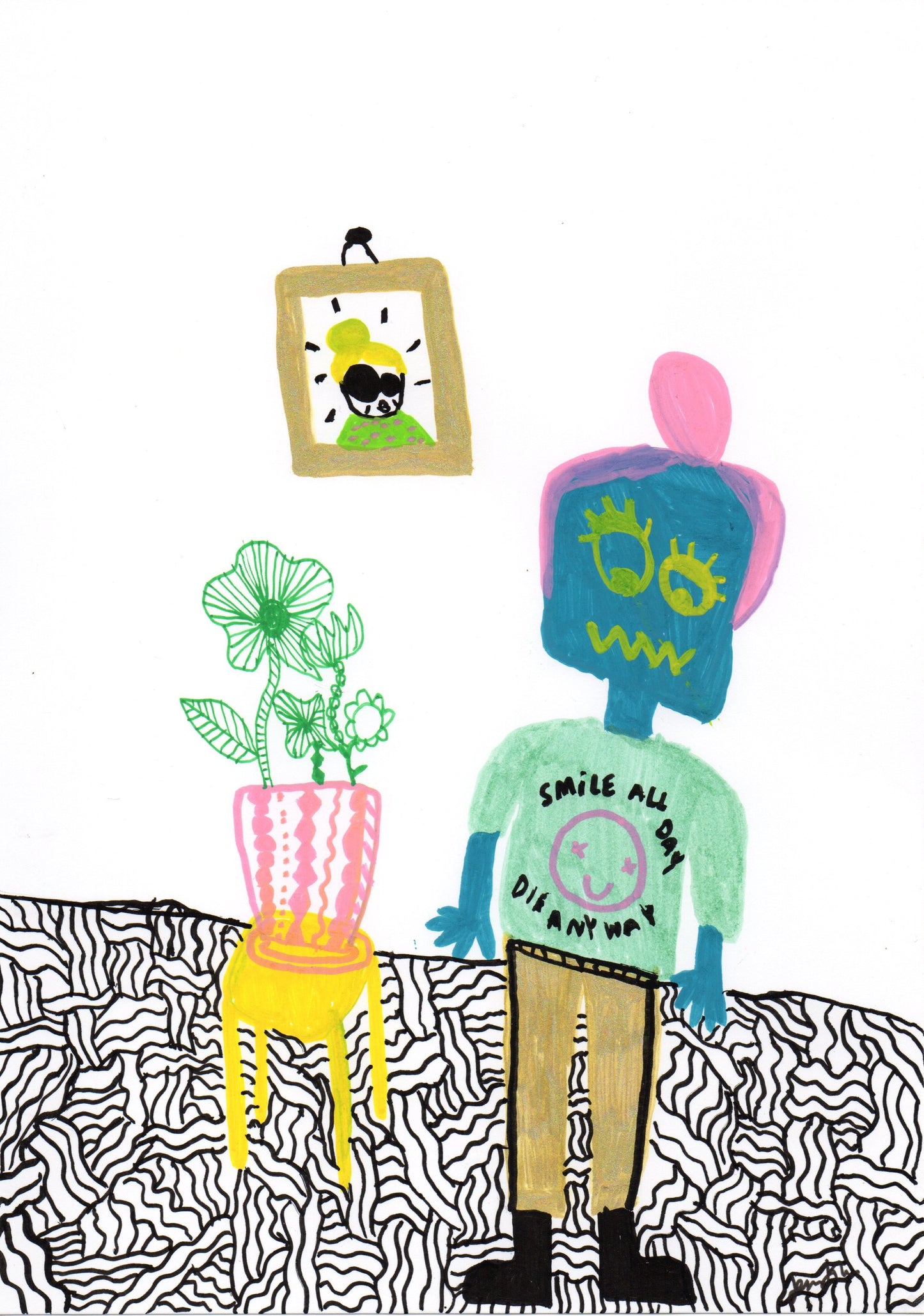 Fyndhörnan! Smile all day, die anyway. Handritad originalteckning, A4